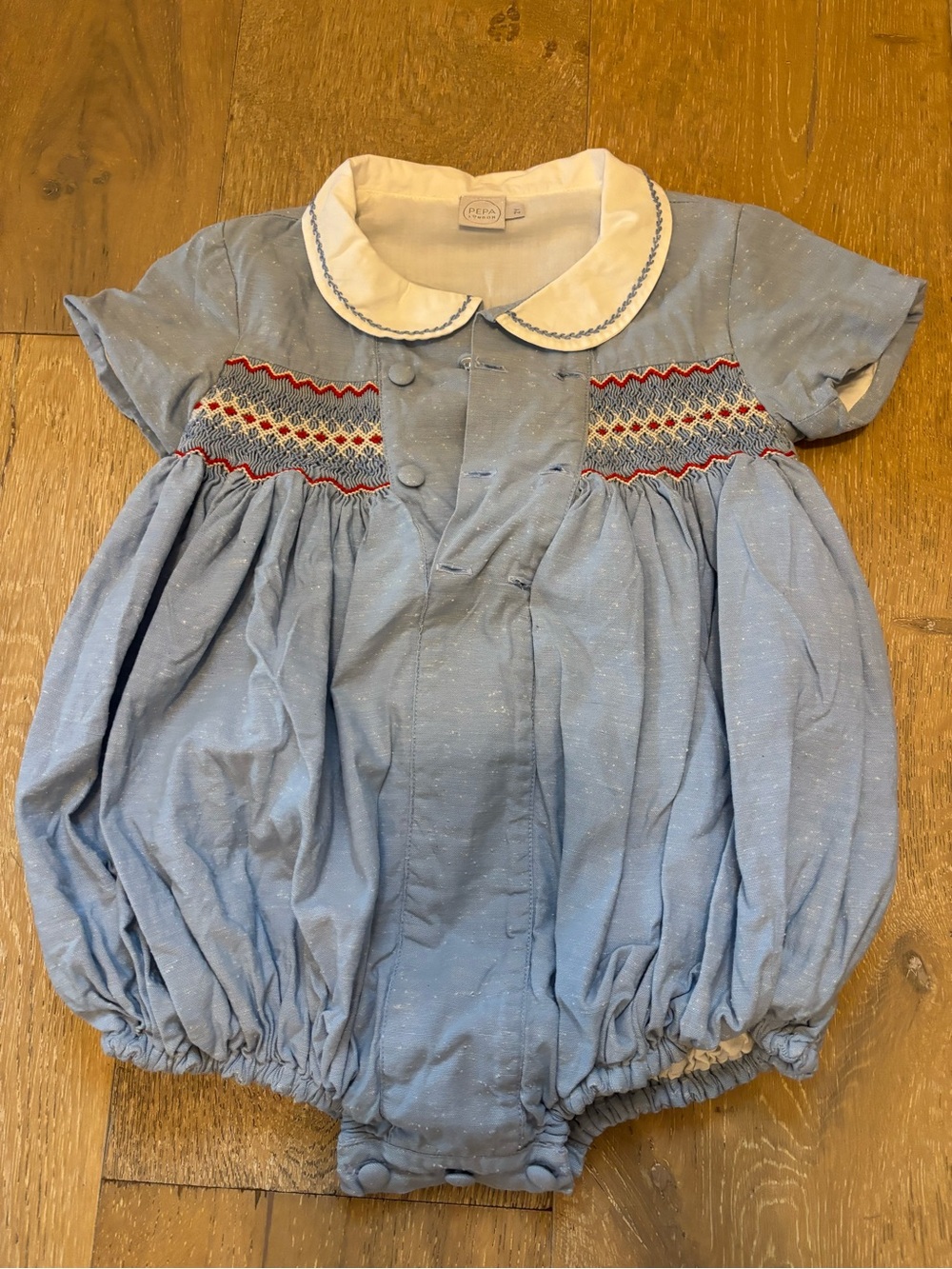 Pepa London Blue Smocked Baby Bubble Romper with White Collar 2
